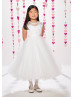 Ivory Lace Tulle Beaded Tea Length Wedding Flower Girl Dress